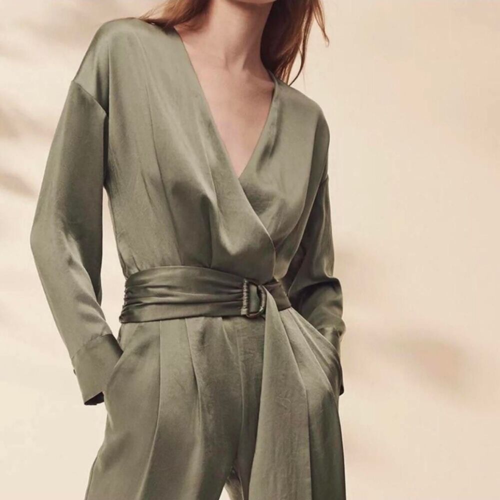 Ramy Brook Satiny Sage Green Jumpsuit W/ Tie Belt